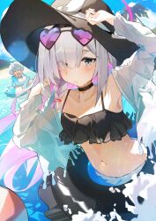 2girls absurdres arona_(blue_archive) ayu_(user_xkhp7843) bikini black_bikini black_choker black_eyes black_hat black_innertube blue_archive blue_hair blue_halo blue_shirt blush braid choker closed_eyes closed_mouth colored_inner_hair commentary day eyewear_on_head frilled_bikini frilled_innertube frills grey_hair hair_over_one_eye halo hat heart heart-shaped_eyewear highres long_hair long_sleeves looking_at_viewer multicolored_hair multiple_girls navel outdoors partially_submerged pink_hair pink_halo plana_(blue_archive) purple-tinted_eyewear red_pupils shirt side_braid single_braid sun_hat sunglasses swimsuit symbol-only_commentary tinted_eyewear two-tone_hair white_shirt