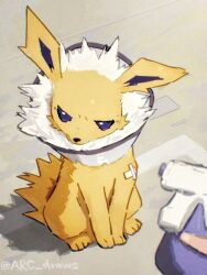 Rule 34 | arc draws, artist name, bandaid, blue eyes, bottle, gen 1 pokemon, highres, holding, holding bottle, jolteon, nintendo, outdoors, pokemon, pokemon (creature), potion (pokemon), sitting, solo focus