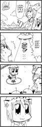 2girls 4koma abduction alien alien_(series) aliens_(1986) animal_hat bkub chen comic female_focus greyscale hard-translated hat long_sleeves mob_cap monochrome multiple_girls short_hair tassel third-party_edit touhou translated ufo wide_sleeves yakumo_ran