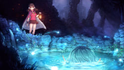 2girls absurdres black_gloves blue_hair breasts brown_hair brown_skirt cloak commentary_request earmuffs fingerless_gloves gloves hair_between_eyes highres holding holding_lantern kamome_yuu lantern long_hair medium_breasts multiple_girls original partially_submerged purple_cloak red_eyes red_shirt ripples shirt skirt standing water waterfall