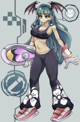 1girl ando606mph bare_shoulders black_pants black_tank_top breasts cleavage cosplay cropped_shirt darkstalkers demon_girl demon_wings full_body gloves green_eyes green_hair grey_background head_wings highres holding hoverboard large_breasts morrigan_aensland pants rouge_the_bat rouge_the_bat_(cosplay) simple_background solo sonic_(series) sonic_riders_(series) tank_top white_gloves wings