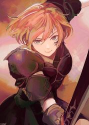 1girl absurdres armor breastplate facial_mark final_fantasy final_fantasy_xiv fordola_rem_lupis fwoshy green_eyes highres holding holding_sword holding_weapon hyur looking_at_viewer orange_hair pauldrons short_hair shoulder_armor signature smile solo sword upper_body weapon