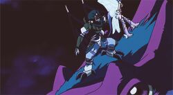 1boy 1girl animated animated_gif armor ass ass_focus bat_wings blue_skin boots bumping butt_bump collarbone colored_skin digimon digimon_frontier digimon_frontier:_kodai_digimon_fukkatsu!! fairimon fairy_wings fangs floating gloves hip_attack hip_focus kicking mask murmukusmon night panties pov purple_hair purple_panties screencap shoulder_armor thigh_boots thighhighs underwear violence visor_(armor) wings