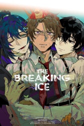 3boys baihuahua5441 black_coat black_eyes black_hair brown_hair clenched_teeth coat collared_shirt heathcliff_(project_moon) highres holding_potato hong_lu_(project_moon) hug jewelry limbus_company long_sleeves male_focus multiple_boys necktie one_eye_closed open_mouth parted_bangs potato project_moon red_necktie ring shirt smile sweat teeth upper_body wedding_ring white_shirt yi_sang_(project_moon)