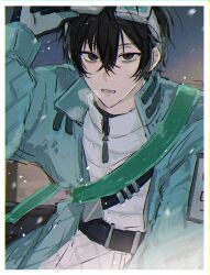 Rule 34 | 1boy, belt, black belt, black eyes, black hair, border, clothing request, coat, devyat&#039; association north uniform, gloves, goggles, goggles on head, green belt, green gloves, green jacket, highres, jacket, jugiii12, limbus company, looking at viewer, multiple belts, open mouth, overcoat, pants, project moon, puffy sleeves, short hair, snowing, solo, third-party source, white border, white pants, yi sang (project moon)