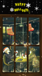 2girls absurdres black_boots black_pants black_shoes black_sweater blunt_bangs boots bottle brown_coat brown_hair brown_hat brown_pants chair christmas christmas_ornaments closed_eyes closed_mouth coat colored_tips commentary_request cup dated fur-trimmed_headwear fur_trim green_hair grey_hair grin happy_holidays hat highres holding holding_cup lamp long_sleeves medium_hair multicolored_hair multiple_girls original pants pocket red_hat santa_hat shirt shoelaces shoes short_hair sitting smile snow snowflake_ornament sparkle sweater table tsukaasa white_shirt window