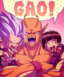 1girl 2boys ^_^ antennae biceps black_hair blunt_bangs blush blush_stickers child claw_pose closed_eyes collarbone colored_skin colored_tongue commentary_request crossed_arms dougi dragon_ball dragon_ball_super dragon_ball_super_super_hero eyelashes fangs father_and_daughter fingerless_gloves gao gloves gohan_beast highres koukyouji looking_at_viewer multiple_boys muscular muscular_male namekian open_mouth orange_piccolo orange_skin outstretched_arm pan_(dragon_ball) pectorals piccolo pink_background pointy_ears purple_tongue red_eyes red_gloves round_teeth shirt short_hair short_sleeves simple_background son_gohan speech_bubble spiked_hair t-shirt teeth tongue upper_body v-shaped_eyebrows white_hair wristband