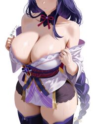 1girl areola_slip breasts cleavage closed_mouth collarbone commentary curvy detached_collar english_commentary eyes_out_of_frame finger_under_clothes genshin_impact head_out_of_frame highres huge_breasts japanese_clothes kimono large_areolae long_hair low-braided_long_hair low-tied_long_hair nail_polish off_shoulder purple_hair purple_kimono purple_nails raiden_shogun simple_background solo sweat thick_thighs thighhighs thighs twitter_username undressing very_long_hair white_background wide_hips zetyi