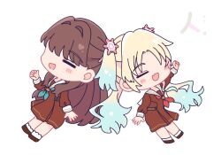 Rule 34 | 2girls, :d, aqua neckerchief, blonde hair, blue hair, brown dress, brown hair, brown shoes, chibi, chibi only, closed eyes, commentary, dress, fang, flower, fujishima megumi, furigana, gradient hair, hair flower, hair intakes, hair ornament, hasu no sora school uniform, highres, kanji focus, leaning back, leaning on person, link! like! love live!, long hair, long sleeves, love live!, medium dress, mira-cra park!, multicolored hair, multiple girls, neckerchief, open mouth, osawa rurino, parted bangs, pink flower, pleated dress, red neckerchief, sailor collar, sailor dress, school uniform, shoes, simple background, skin fang, smile, socks, twintails, two side up, virtual youtuber, watage modoki, white background, white sailor collar, white socks, winter uniform