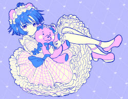 1girl animal_ears antenna_hair bear_ears blue_background blush closed_mouth dress fake_animal_ears frilled_dress frills full_body holding holding_stuffed_toy idolmaster idolmaster_(classic) kikuchi_makoto looking_at_viewer low_block_heels maid_headdress miyagi pink_shoes puffy_short_sleeves puffy_sleeves shoes short_hair short_sleeves solo stuffed_animal stuffed_toy teddy_bear white_headdress