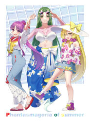 Rule 34 | 3girls, absurdres, adapted costume, ascot, blonde hair, bow, detached sleeves, dress, floral print, ghost tail, gradient bow, green hair, guumin, hair bow, hakurei reimu, hakurei reimu (pc-98), hat, hat bow, highres, japanese clothes, kirisame marisa, kirisame marisa (pc-98), long hair, long sleeves, mima (touhou), multiple girls, navel, open mouth, pants, phantasmagoria of dim.dream, purple eyes, purple hair, red bow, ribbon, skirt, slippers, smile, star-shaped eyewear, star (symbol), touhou, touhou (pc-98), yellow eyes