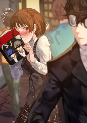 10s 1boy 1girl amamiya_ren atlus black_hair blush book braid brown_hair censored club3 crown_braid embarrassed flying_sweatdrops glasses censored_identity long_sleeves looking_at_another megami_tensei narukami_yu niijima_makoto persona persona_3 persona_4 persona_5 plaid_clothes plaid_skirt red_eyes school_uniform shin_megami_tensei shirt short_hair skirt stalking white_shirt yuuki_makoto_(persona_3)