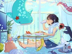 1girl bird black_hair blue_shorts blush_stickers bottle brown_sandals chopsticks closed_eyes colorful commentary cup day drinking drinking_glass egg_(food) food fruit full_body green_shirt hair_ornament hairclip highres holding holding_chopsticks holding_cup indoors noodles notamaru_2 octopus original penguin plate sandals shirt short_hair short_sleeves shorts sitting solo summer table television watermelon whale