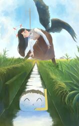 1girl absurdres black_hair blue_archive cloud doodle_sensei_(blue_archive) hair_ornament hairclip halo highres ichika_(blue_archive) long_hair long_skirt long_sleeves oh_den87 outdoors partially_submerged power_lines rice_paddy scenery sensei_(blue_archive) skirt sky snorkel snorkel_in_mouth water wings