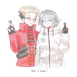 2boys aotsuki_eito black_gloves black_hair blonde_hair closed_eyes closed_mouth crossed_fingers crossover drawstring english_text fingerless_gloves glasses gloves jacket long_sleeves male_focus messy_hair multicolored_hair multiple_boys open_mouth parted_hair red_jacket simple_background smile the_hundred_line_-last_defense_academy- trigun vash_the_stampede white_background white_hair white_jacket zero_(misamxsa08)
