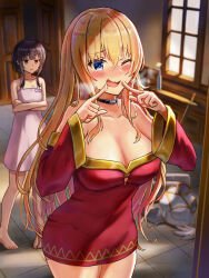 Rule 34 | 2girls, ;d, armor, barefoot, blush, breastplate, breasts, cleavage, cosplay, cowboy shot, crossed arms, darkness (konosuba), dress, grey dress, highres, indoors, isome, kono subarashii sekai ni shukufuku wo!, large breasts, long hair, megumin, megumin (cosplay), multiple girls, one eye closed, open mouth, red dress, red eyes, short hair, sidelocks, smile, standing, unworn armor, very long hair, window