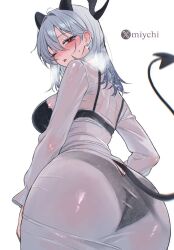 1girl ;p alternate_costume ass ass_cutout black_bra black_horns black_panties black_tail blush bra bra_visible_through_clothes breasts breath clothing_cutout commentary cowboy_shot curled_horns demon_tail dress duplicate earrings english_commentary from_behind grey_hair hair_between_eyes highres horns jewelry large_breasts long_hair long_sleeves looking_at_viewer looking_back median_furrow miychi one_eye_closed panties panties_visible_through_clothes red_eyes see-through_clothes shoulder_blades simple_background solo tail tail_through_clothes taut_clothes taut_dress tongue tongue_out twitter_username underwear wet wet_clothes white_background white_dress wuthering_waves zani_(wuthering_waves)