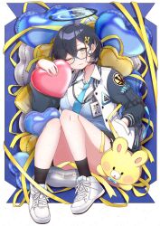 1girl balloon black_hair black_socks blue_archive blue_halo blue_jacket blue_necktie blue_sweater_vest chihiro_(blue_archive) collared_shirt commentary english_commentary from_above full_body green_eyes hair_ornament halo hand_in_pocket hand_up heart_balloon highres id_card jacket knees_up lanyard lying medium_hair multicolored_jacket necktie on_back one_eye_closed open_clothes open_jacket parted_lips rabbit_hair_ornament ryusei_(ster0629) shirt shoes sneakers socks solo sweater_vest two-tone_jacket white_jacket white_shirt white_shoes
