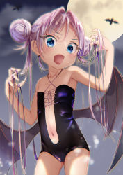 1girl absurdres bat_(animal) blue_eyes clothing_cutout cowboy_shot criss-cross_halter demon_wings double_bun fang female_focus flat_chest fog full_moon hair_bun hair_intakes hair_lift halloween halloween_costume halterneck head_tilt highres leotard loli looking_at_viewer magia_record:_mahou_shoujo_madoka_magica_gaiden mahou_shoujo_madoka_magica moon navel navel_cutout night open_mouth skin_fang solo wings yakumo_mikage yappariga