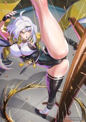 1girl absurdres anarchyart asymmetrical_gloves black_shoes black_unitard breasts elbow_gloves eyeliner gloves hair_ornament high-waist_shorts high_kick highres jacket kicking large_breasts long_hair makeup open_mouth red_eyeliner shoes shorts single_elbow_glove single_thighhigh thighhighs uneven_gloves white_hair yellow_eyes yellow_jacket yixuan_(zenless_zone_zero) zenless_zone_zero
