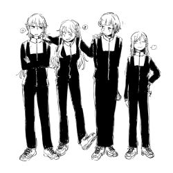4girls 524ryo ;) ;d anger_vein arm_at_side arms_behind_back blunt_bangs commentary_request crossed_arms diagonal_bangs fujishima_megumi full_body greyscale grin hair_ornament hairclip hand_on_another&#039;s_cheek hand_on_another&#039;s_face hand_on_another&#039;s_shoulder hand_on_own_hip hasu_no_sora_gym_uniform high_contrast highres jacket link!_like!_love_live! long_hair long_sleeves looking_at_another love_live! low_ponytail monochrome multiple_girls notice_lines official_alternate_hairstyle ogami_sachi one_eye_closed open_mouth otomune_kozue pants parallel_hairclips parted_lips ponytail puff_of_air shoes short_hair sidelocks simple_background smile sneakers speech_bubble spoken_anger_vein standing star_(symbol) star_hair_ornament track_jacket track_suit two_side_up virtual_youtuber white_background yugiri_tsuzuri