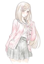 1girl blonde_hair cardigan closed_mouth cowboy_shot flower green_sailor_collar green_skirt hair_flower hair_ornament hand_up highres kurusu_alexandra long_hair long_sleeves looking_at_viewer magia_record:_mahou_shoujo_madoka_magica_gaiden mahou_shoujo_madoka_magica miniskirt pink_cardigan pink_eyes plaid_clothes plaid_skirt pleated_skirt sailor_collar school_uniform serafuku shirt sidelocks simple_background skirt sleeves_past_wrists smile solo standing swept_bangs white_background white_shirt yukishiro_(hitsuji) yunohana_international_school_uniform