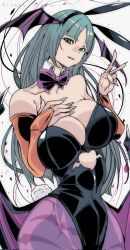 1girl animal_ears animal_print bare_shoulders bat_print bat_wings black_leotard breasts bridal_gauntlets cleavage clothing_cutout darkstalkers demon_girl green_eyes green_hair head_wings heart_cutout highleg highleg_leotard highres kinakomochi_(user_vedc2333) large_breasts leotard long_hair looking_at_viewer morrigan_aensland nontraditional_playboy_bunny off-shoulder_leotard pantyhose playboy_bunny print_pantyhose purple_pantyhose purple_wings rabbit_ears rabbit_tail smile solo tail v wings