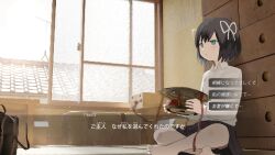 Rule 34 | 1girl, aqua eyes, architecture, barefoot, black hair, black skirt, building, chest of drawers, crossed legs, dialogue box, dialogue options, drone, east asian architecture, fake screenshot, gameplay mechanics, hair ribbon, highres, holding, house, lost property control organization (samidare), open window, protagonist (lost property control organization), revision, ribbon, rooftop, samidare (hoshi), shirt, sitting, skirt, t-6407j (samidare), tile roof, user interface, white ribbon, white shirt, window