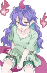 1girl absurdres blue_hair commentary_request frilled_shorts frills green_shirt green_shorts hair_between_eyes highres horns kakineko long_hair open_mouth red_eyes red_horns shirt shorts simple_background single_horn solo tail tenkajin_chiyari touhou wavy_hair white_background