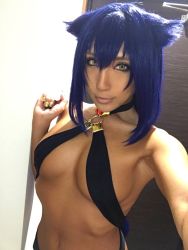 1girl breasts choker cosplay dark-skinned_female dark_skin female_focus highres jahy jahy-sama_wa_kujikenai! long_hair nail_polish navel nonsummerjack photo_(medium) presenting presenting_boobs presenting_tits solo toned toned_arms toned_belly toned_female toned_stomach yellow_eyes