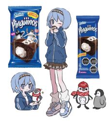 1girl black_hairband black_skirt blue_eyes blue_hair blue_jacket blue_shoes food full_body hairband hat highres jacket loose_socks multiple_views one_eye_closed original pastry personification red_hat red_scarf reference_inset ri_(qrcode) scarf shoes short_hair simple_background skirt socks standing track_jacket white_background