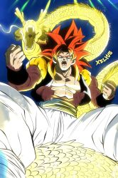 Rule 34 | 1boy, blue eyes, brown fur, dragon ball, dragon ball gt, dragon fist, gogeta, happy, muscular, red hair, smile, solo, super saiyan, super saiyan 4