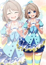 1girl amagi_(volfuji) aozora_jumping_heart baggy_shorts blush bow breasts brown_hair buttons closed_eyes collarbone dot_nose double_v earrings embarrassed frilled_skirt frills grey_hair hair_ornament highres idol jewelry legs looking_at_viewer love_live! love_live!_sunshine!! multiple_views neckerchief necktie nose open_mouth ribbon sailor_collar short_hair short_sleeves shorts simple_background skirt smile solo striped_clothes striped_thighhighs sweat thighhighs thighs v watanabe_you watercolor_background watercolor_effect wavy_hair wavy_mouth wrist_cuffs zettai_ryouiki