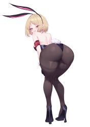 Rule 34 | 1girl, absurdres, animal ears, armband, ass, ass focus, black gloves, black leotard, blonde hair, breasts, brown eyes, commission, detached collar, fake animal ears, fake tail, from behind, full body, girls&#039; frontline, gloves, high heels, highres, leaning forward, leotard, looking at viewer, looking back, medium breasts, medium hair, mp40 (girls&#039; frontline), open mouth, pantyhose, playboy bunny, rabbit ears, rabbit tail, red armband, shinyozura, sideboob, solo, tail, white background, wrist cuffs