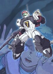Rule 34 | 1girl, 2022, assault visor, blue hair, clenched hand, collarbone, ginga hyouryuu vifam, gun, highres, holding, holding gun, holding weapon, katue piason, kujira gunsou, layered clothes, mecha, open hands, open mouth, purple eyes, purple shirt, robot, science fiction, shirt, short hair, solo focus, vifam, weapon, white shirt