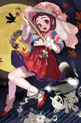 1girl :d absurdres autumn_leaves bad_id bad_pixiv_id blush braid braided_ponytail brown_eyes brown_hair commentary creatures_(company) english_commentary eyelashes fang floating_hair game_freak gen_1_pokemon goldeen high-waist_skirt highres holding leaf long_hair long_sleeves moon n-g night nintendo open_mouth outdoors paintbrush partially_colored pokemon pokemon_(creature) red_skirt seaking shirt skirt smile tongue
