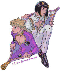 2boys black_hair black_shoes blonde_hair bob_cut braid bruno_bucciarati bug chromatic_aberration cleavage_cutout clothing_cutout copyright_name giorno_giovanna green_eyes hair_ornament hairpin halftone highres insect jacket jojo_no_kimyou_na_bouken ladybug ladybug_ornament long_hair male_focus multiple_boys pants pectoral_cleavage pectorals pink_jacket pink_pants shoes short_hair t_0nd vento_aureo victory_rolls white_jacket white_pants