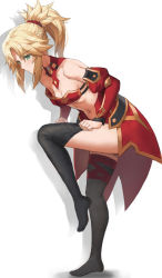 1girl bare_shoulders black_thighhighs blonde_hair braid breasts cleavage detached_sleeves dressing fate/apocrypha fate_(series) full_body hair_ornament hair_scrunchie highres juliet_sleeves long_hair long_sleeves mordred_(fate) mordred_(fate/apocrypha) navel parted_bangs ponytail puffy_sleeves red_scrunchie scrunchie simple_background small_breasts solo thighhighs tonee white_background