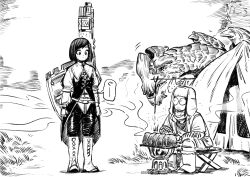 1boy 1girl boots camping cooking facial_scar food glasses grilling gunlance gypceros hat highres igawa20000volt meat monochrome monster_hunter_(character) monster_hunter_(series) monster_hunter_wilds outdoors portable_stove round_eyewear scar scar_on_cheek scar_on_face shield sitting standing stomach_growling tent ushanka weapon weapon_on_back