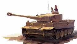 Rule 34 | 10s, 1girl, absurdres, black jacket, brown eyes, brown hair, emblem, garrison cap, girls und panzer, hat, highres, jacket, kuromorimine (emblem), kuromorimine military uniform, ladic, military, military uniform, military vehicle, motor vehicle, nishizumi maho, red shirt, shirt, short hair, tank, tiger i