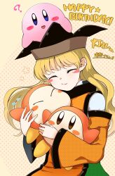 1girl ? absurdres black_hat blonde_hair blush_stickers closed_eyes closed_mouth colored_skin creature crossover detached_sleeves english_text flower flying_sweatdrops green_skirt happy_birthday hat highres hug kaisenpurin kirby kirby_(series) long_hair long_sleeves looking_at_viewer matara_okina nintendo open_mouth orange_skin orange_sleeves orange_tabard pink_skin polka_dot polka_dot_background purple_eyes shirt skirt smile star_(symbol) tabard touhou waddle_dee wavy_hair white_shirt wide_sleeves yellow_background