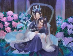 Rule 34 | 2boys, ahoge, animal ear fluff, animal ears, bishounen, black boots, black hair, black hanfu, blue shawl, boots, bush, chinese clothes, closed eyes, closed mouth, couple, dragon boy, eastern dragon horns, eastern dragon tail, fangs, fingernails, flower, forest, fox boy, fox ears, fox tail, full body, grass, hair ribbon, hand on another&#039;s head, hand up, hanfu, headband, highres, holding hands, horns, hug, hug from behind, hydrangea, kemonomimi mode, knee up, lan wangji, leaf, long hair, long sleeves, looking at another, male focus, modao zushi, multiple boys, nature, ojisan rbt, one eye closed, open mouth, outdoors, parted bangs, pink flower, pointy ears, ponytail, purple eyes, purple flower, red ribbon, ribbon, ribboned xiao guan, robe, sharp fingernails, shawl, sidelocks, sitting, sitting on lap, sitting on person, sleeves past wrists, smile, tail, topknot, tree, twitter username, watermark, wei wuxian, white hanfu, white headband, wide sleeves, xiao guan (headdress), yaoi