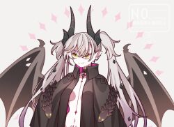 1girl bat_wings black_cloak breasts cloak collarbone demon_horns earrings fate/grand_order fate_(series) green_eyes highres horns jewelry kujiramaru lilith_(fate) medium_breasts smile snake solo stomach_tattoo tattoo twintails twitter_username watermark white_hair wings