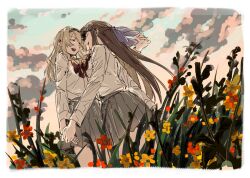 2girls 9urodine :d arm_at_side black_hairband blonde_hair blue_sky border bow bowtie brown_hair closed_eyes cloud cowboy_shot face-to-face facing_another flower from_below grey_skirt hair_bow hairband half_updo hand_up highres holding_hands long_hair long_sleeves miniskirt morning multiple_girls open_mouth parted_bangs pleated_skirt profile purple_bow red_bow red_bowtie red_flower rounded_corners saijou_claudine school_uniform seishou_music_academy_uniform shirt_tucked_in shoujo_kageki_revue_starlight skirt sky smile standing teeth tendou_maya upper_teeth_only very_long_hair white_border yellow_flower yuri
