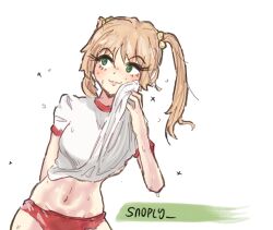 1girl artist_name blonde_hair blush breasts buruma green_eyes gym_shirt hair_bobbles hair_ornament highres ibarazaki_emi katawa_shoujo looking_to_the_side navel red_buruma self-upload shirt smile snoply solo sweat twintails white_shirt wiping_face wiping_sweat