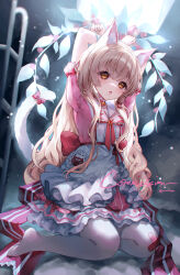 1girl animal_ears arms_behind_back arms_up artist_name bandaid bandaid_on_knee bandaid_on_leg bell blonde_hair bound bound_wrists bow bowtie cat_ears cat_girl cat_tail dress frilled_skirt frills full_body highres ichitata long_hair neck_bell open_mouth original pantyhose pink_dress red_bow signature sitting skirt soles solo tail very_long_hair wavy_hair white_pantyhose yellow_eyes
