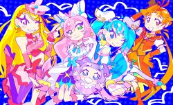 1boy 4girls absurdres arms_up asymmetrical_bangs asymmetrical_legwear baby blonde_hair blue_hair blunt_bangs bourbunbun cure_butterfly cure_prism cure_sky cure_wing ellee-chan green_eyes highres hijiri_ageha hirogaru_sky!_precure looking_at_viewer midriff multicolored_hair multiple_girls nijigaoka_mashiro one_eye_closed orange_eyes orange_hair pink_eyes pink_hair pink_nails precure sora_harewataru twintails yuunagi_tsubasa