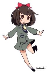 1girl brown_eyes brown_hair do_m_kaeru full_body hair_ribbon highres jewelry looking_at_viewer mole mole_under_mouth necklace necktie open_mouth persona persona_1 ribbon school_uniform short_hair simple_background skirt socks solo sonomura_maki st._hermelin_school_uniform twitter_username white_background