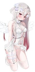 1girl absurdres alternate_costume blush bondage_outfit bow breasts center-flap_bangs center_opening collared_dress commentary_request dress garter_belt garter_straps gradient_hair hair_bow hair_ornament hair_ribbon halter_dress halterneck highres hololive horns kneeling lace lace-trimmed_dress lace_trim multicolored_hair nakiri_ayame neko_neneko oni panties ribbon simple_background sleeveless solo thighhighs underwear virtual_youtuber white_dress white_hair white_panties white_thighhighs wings