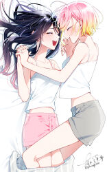 2girls anemone_wa_netsu_wo_obiru black_hair blonde_hair camisole closed_eyes commentary couple gradient_hair grey_shorts hashtag-only_commentary highres holding_hands interlocked_fingers jewelry komiyama_mashiro long_hair midriff midriff_peek multicolored_hair multiple_girls navel ootsuki_nagisa open_mouth pink_hair pink_shorts ring sakuragi_ren short_hair shorts teeth white_camisole wife_and_wife yuri
